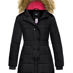 Puffer Coat Padded Winter Jacket Warm Hooded Long Puffer Jacket Black 14/16